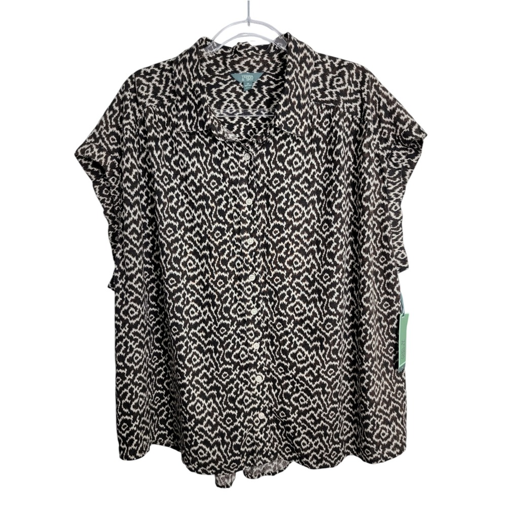 Terra & Sky Womens 2X Camp Shirt Black Soot Linen Blend Button Up Cap Sleeve NEW